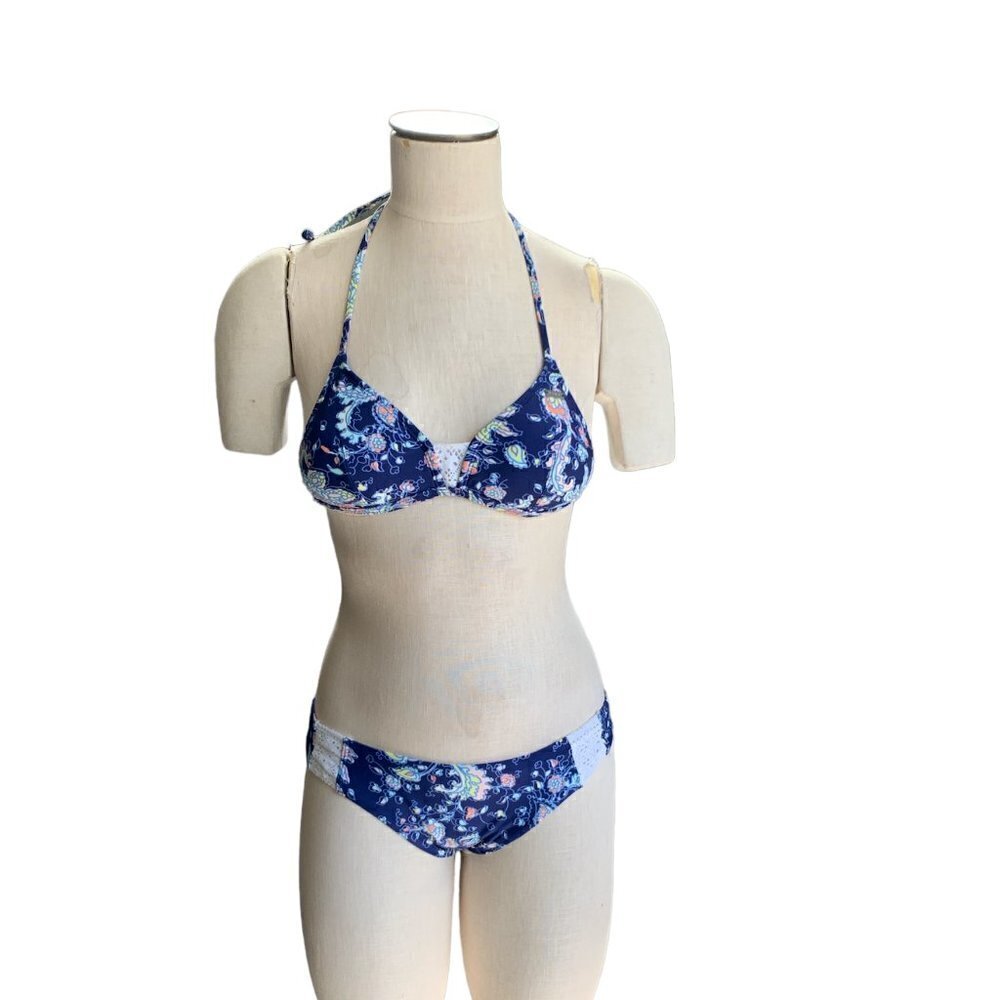 ROXY‎ Bikini Halter Top Sz S Bottom Sz M Blue Floral Paisley w/Lace Accent 77B